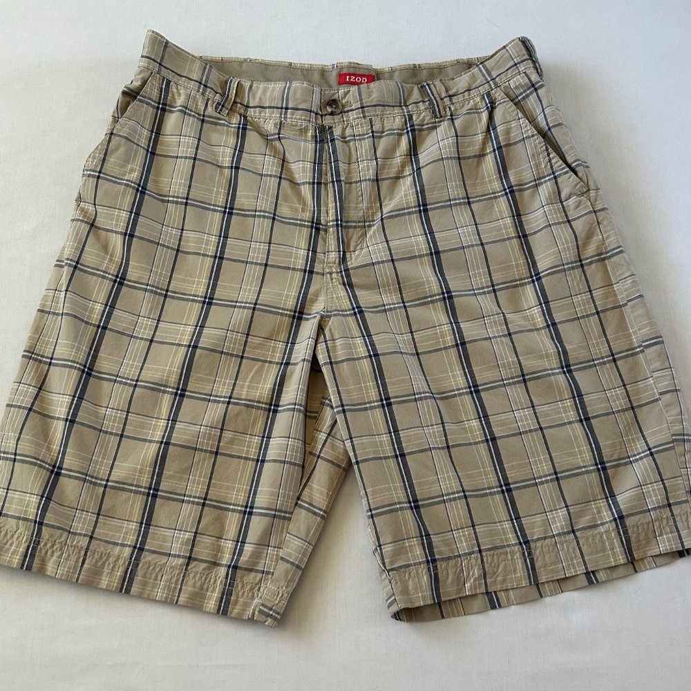Izod Men's Tan Navy & White Plaid Shorts 100% Cotton Sz 36 Rise 13 Inseam 10 1/2